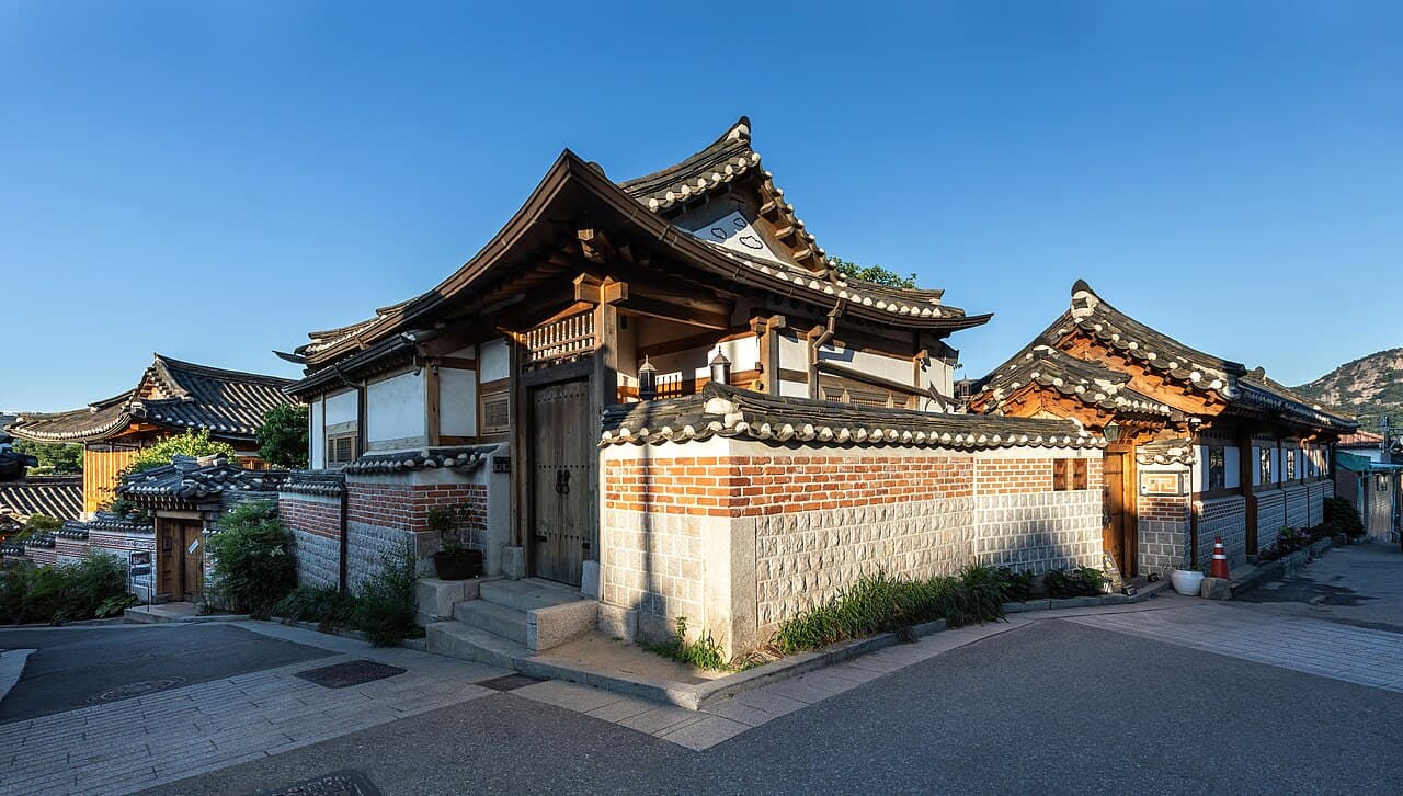 Bukchon Hanok Village houses at golden hour